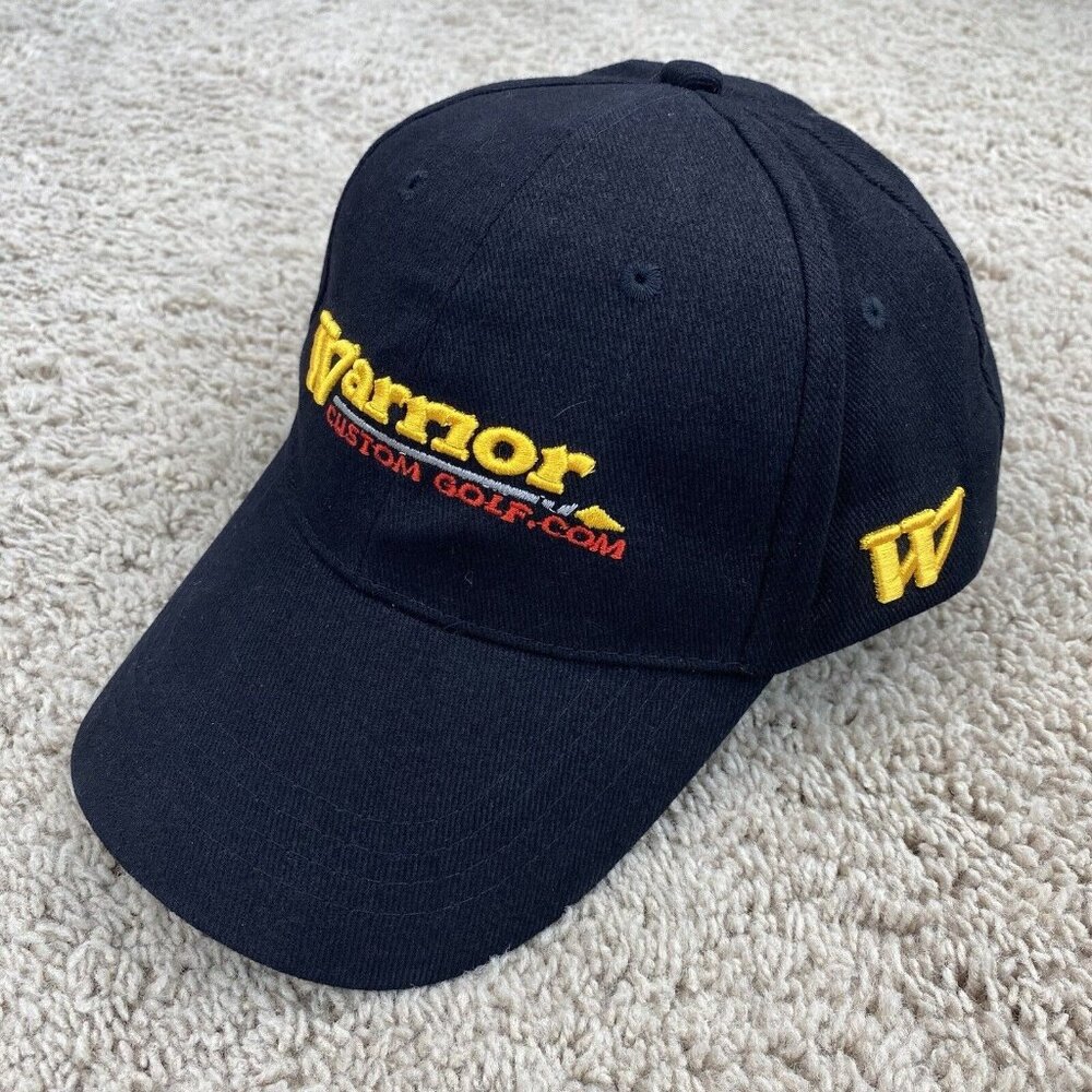 Warrior Custom Golf Hat Black / Gold Script Adjustable Strap Side “W” Cotton Cap
